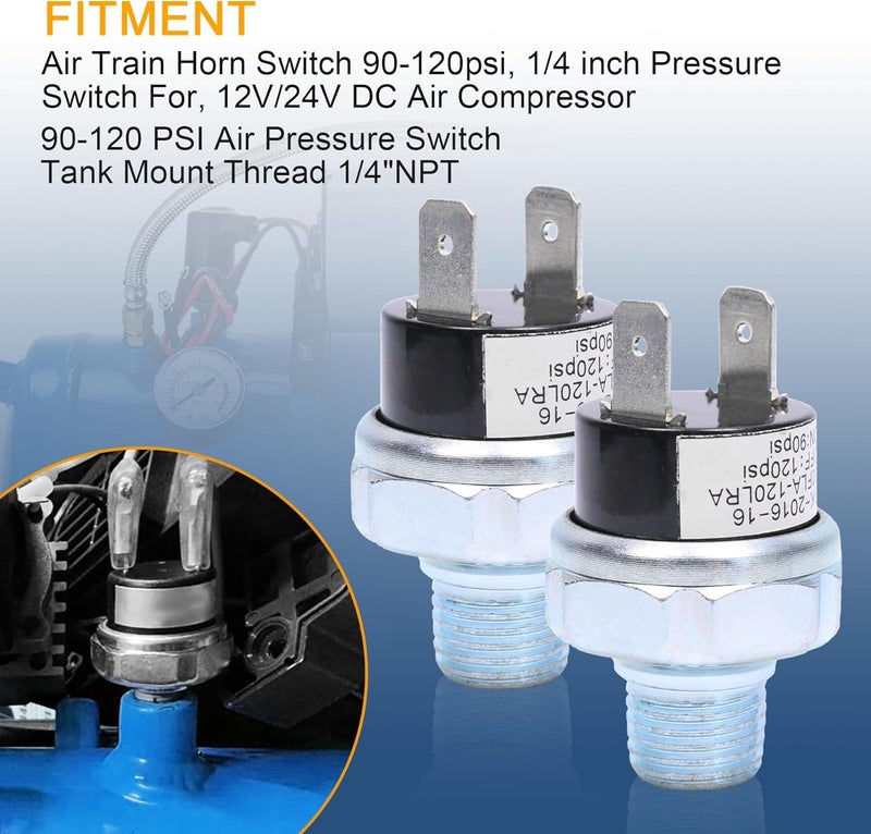 LDMINDA Pair of Air Pressure Switch 90-120 PSI Tank Mount Thread 1/4" NPT 12V/24V DC Air Compressor Air Train Horn Switch 90-120 1/4 inch - Image 2